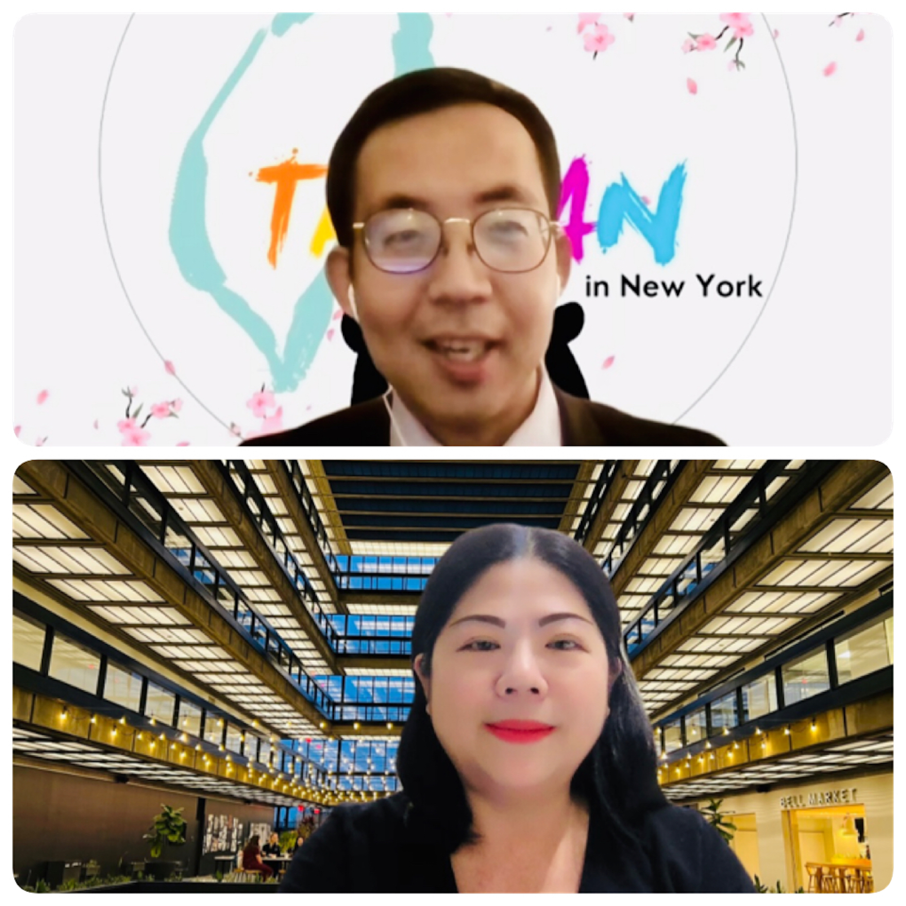 紐約華僑文教中心副主任林威廷(上) 與全美中文學校聯合總會總會長江海寧(下)致詞。