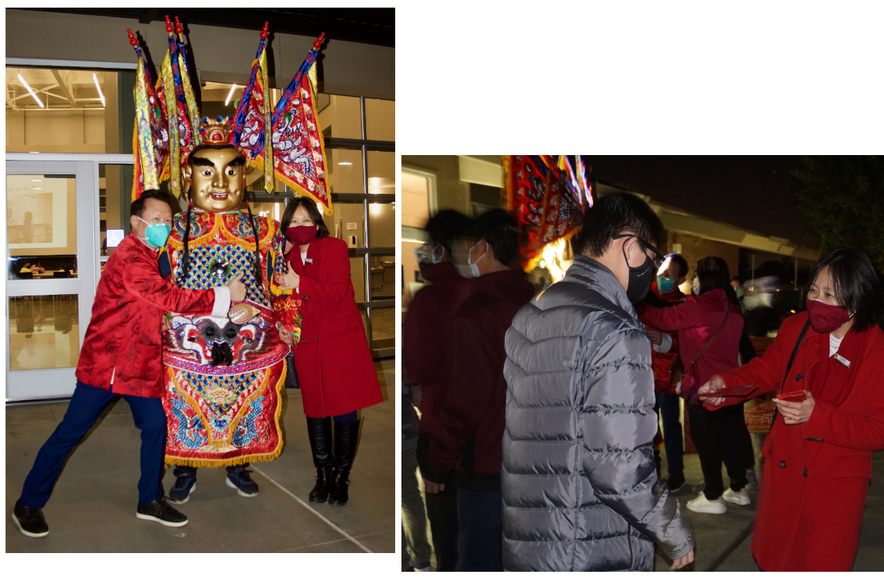 寇惠風校長（著紅色唐衫）與學區委員Rosa Kim女士（左圖），學區委員Rosa Kim在校園中親自發贈紅包（右圖）