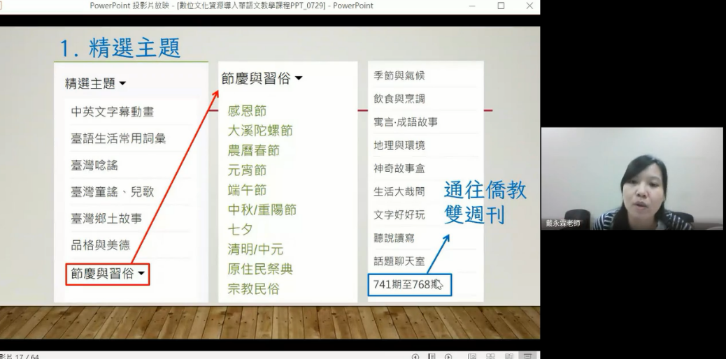 戴永霖老師舉節慶為例介紹教材編排內容，例如「神奇故事盒、文字好好玩」等