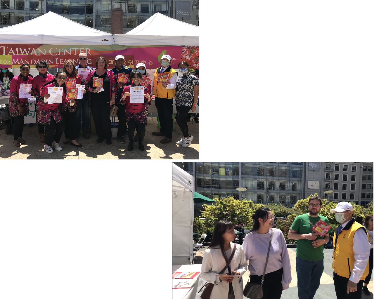 寇惠風校長（著黃背心）與學員們在招生攤位前合影（左上圖）；寇惠風校長為群眾詳細解說招生及推廣內容（右下圖）