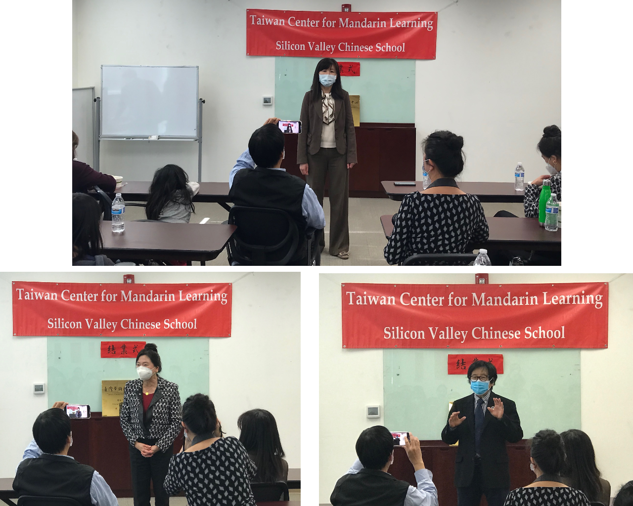 莊雅淑主任（上圖）、魏德珍僑務委員（左下圖）、李文雄僑務委員（右下圖）致詞勉勵學員