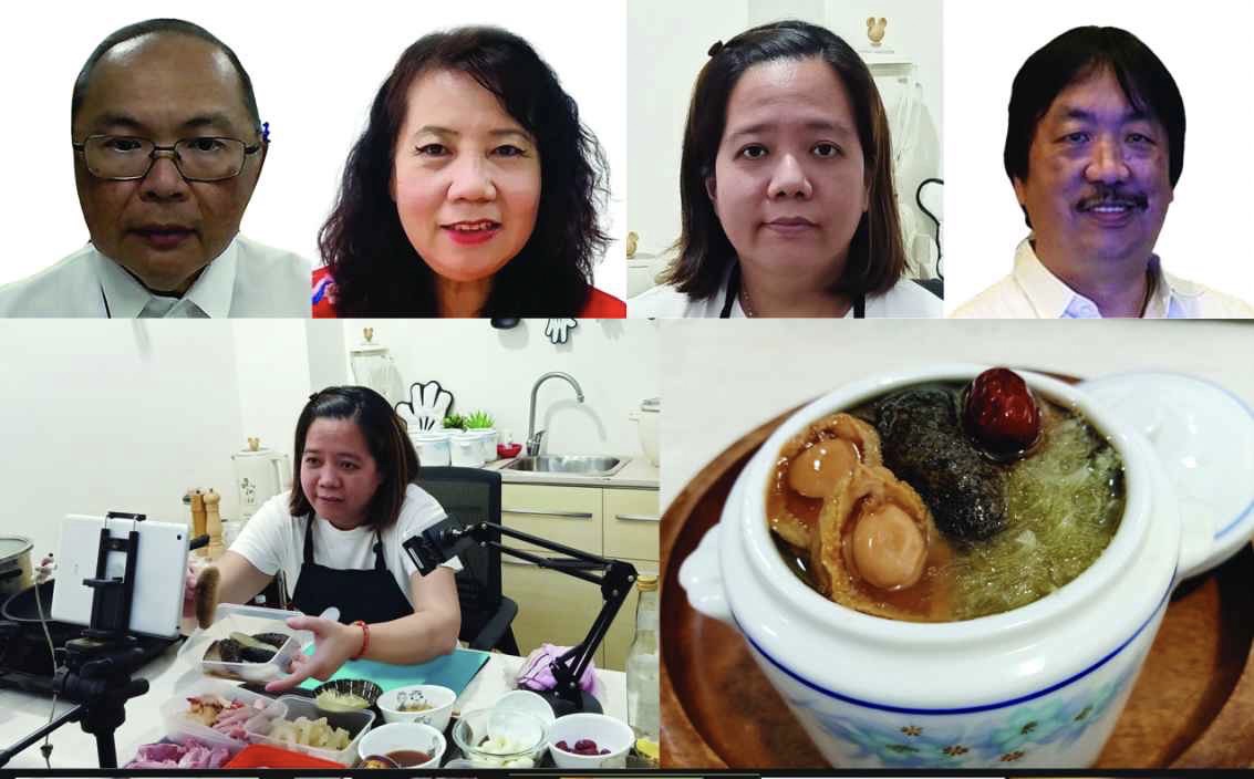 第一排左至右：莊常務委員漢香、王主任映陽、王鈴鈴講師、蔡秘書長懷強；第二排左圖為王鈴鈴講師以線上直播方式向僑胞講解如何處理佛跳牆食材，右圖為珍味佛跳牆成品。